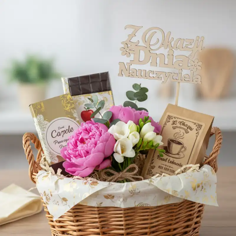 Naturalny drewniany topper napis na piku Z okazji dnia nauczyciela jako element dekoracyjny w koszu upominkowym z kwiatami.