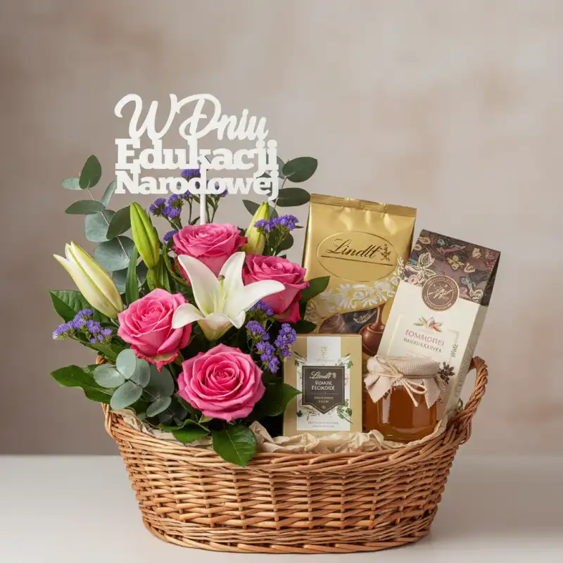Kremowy topper z napisem umieszczony w wiklinowym koszu prezentowym wypełnionym różami, liliami i słodyczami. Dekoracja gotowa do wręczenia z okazji święta nauczyciela.