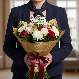 Kremowy topper W dniu Edukacji Narodowej wbity w bukiet mieszanych kwiatów trzymany przez osobę w eleganckim stroju. Detal podkreślający charakter prezentu dla nauczyciela.