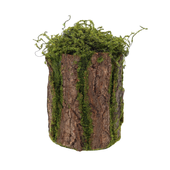Rustykalna kora dekoracyjna w formie cylindra o wymiarach 27x17 cm, zdobiona naturalnym mchem. Uniwersalna baza do stroików.