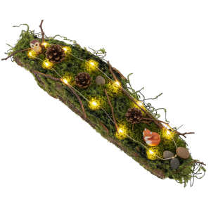 Kora z mchem 45 cm ozdobiona szyszkami, figurką sowy i lisa oraz światełkami LED jako gotowa dekoracja.
