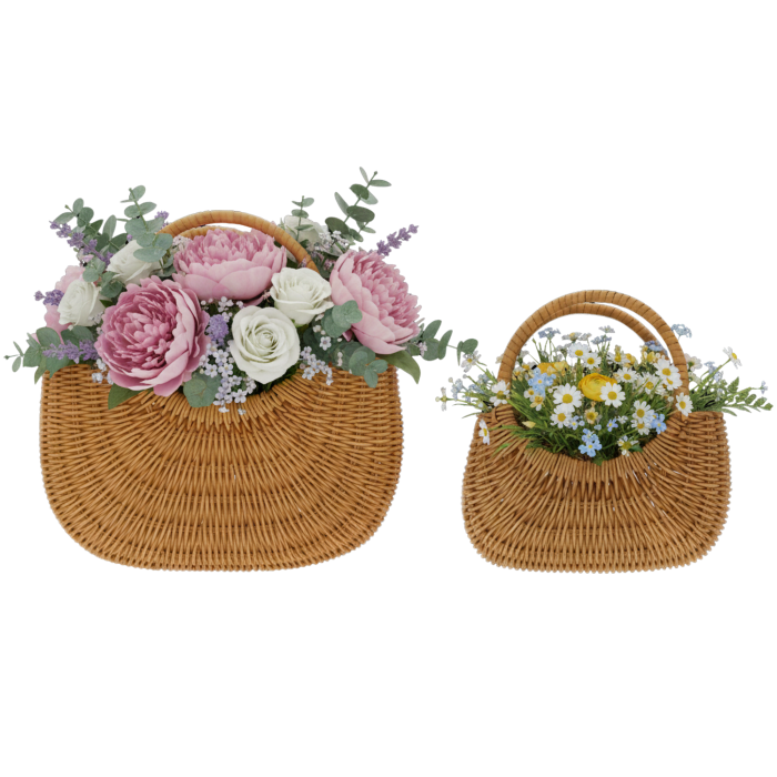 Komplet toreb dekoracyjnych 2 szt. (M + S) z naturalnych surowców. Osłonki na doniczki w stylu boho, modne i stylowe. Zestaw naturalnych toreb z uszami, idealny do dekoracji domu.