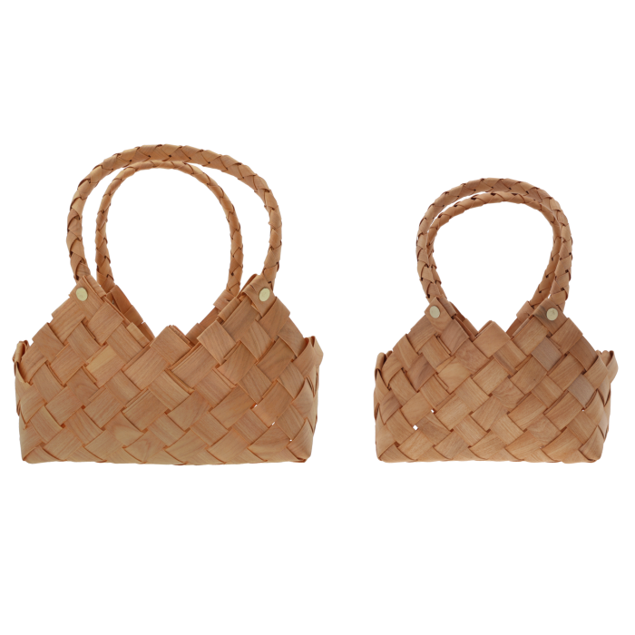 Komplet toreb dekoracyjnych 2 szt. (M 28 cm, S 26 cm) z naturalnych surowców. Osłonki na doniczki i kosze kwiatowe w stylu boho. Zestaw naturalnych toreb z uszami, idealny do dekoracji domu i na prezenty.