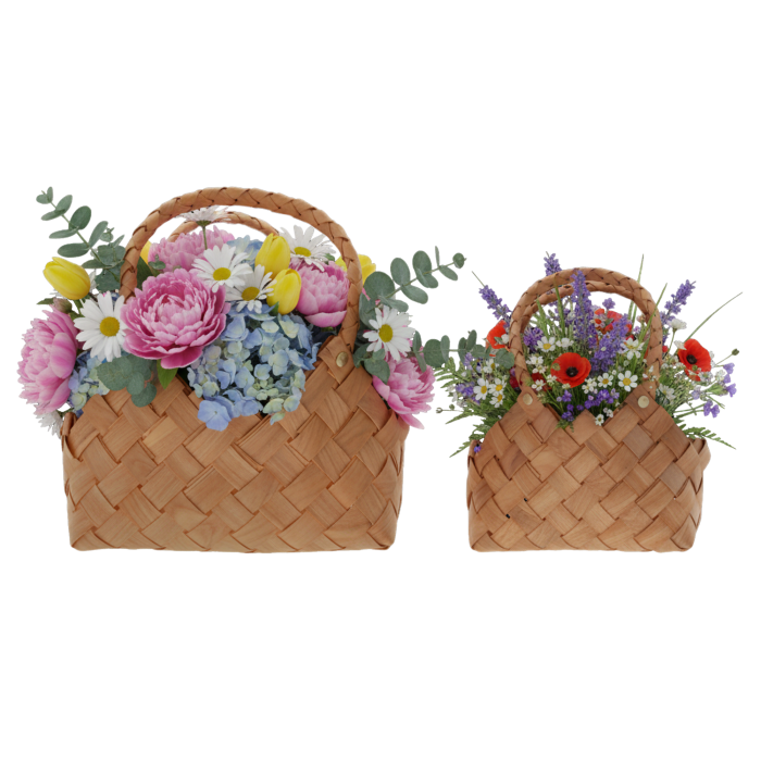 Komplet toreb dekoracyjnych 2 szt. (M 28 cm, S 26 cm) z naturalnych surowców. Osłonki na doniczki i kosze kwiatowe w stylu boho. Zestaw naturalnych toreb z uszami, idealny do dekoracji domu i na prezenty.