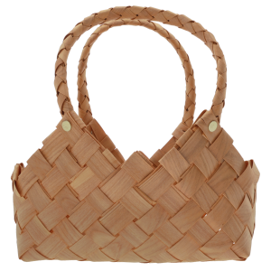 Torba dekoracyjna 28 cm wykonana z naturalnych surowców, widoczna z przodu na białym tle. Posiada charakterystyczny pleciony wzór oraz dwa wygodne uszy, co czyni ją praktycznym elementem wystroju wnętrz.
