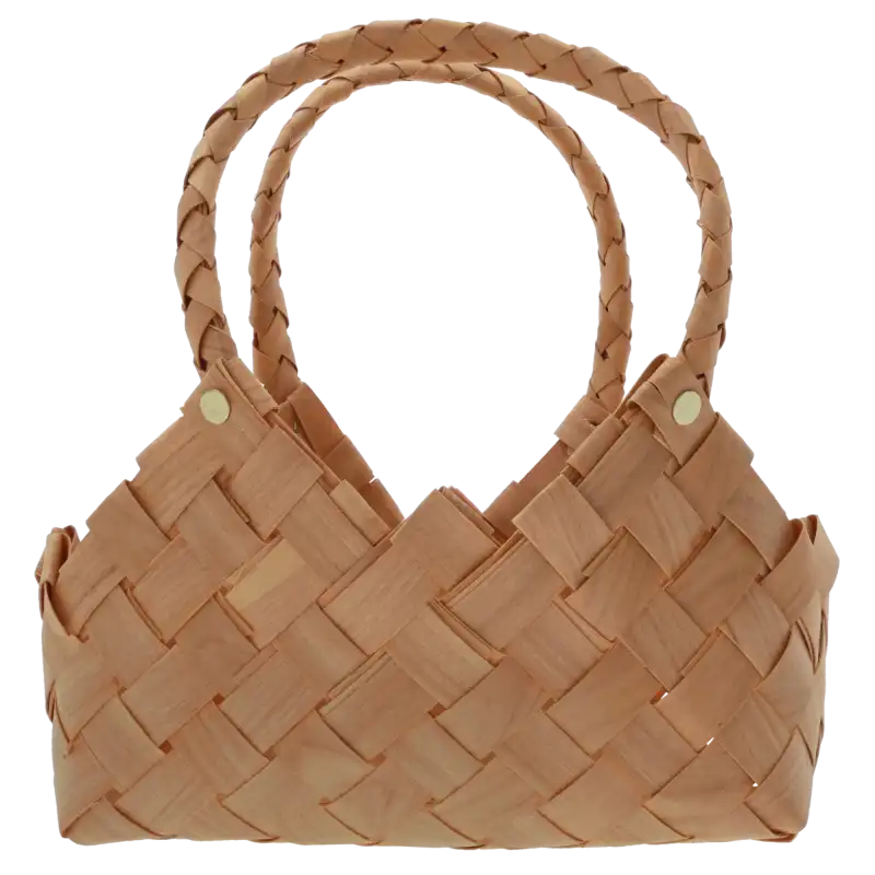 Torba dekoracyjna 28 cm wykonana z naturalnych surowców, widoczna z przodu na białym tle. Posiada charakterystyczny pleciony wzór oraz dwa wygodne uszy, co czyni ją praktycznym elementem wystroju wnętrz.