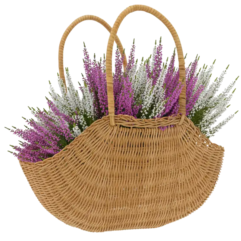Torba dekoracyjna o wysokości 31 cm z umieszczonymi w środku wrzosami. Naturalny dodatek w stylu boho, który ożywi aranżację salonu czy tarasu.
