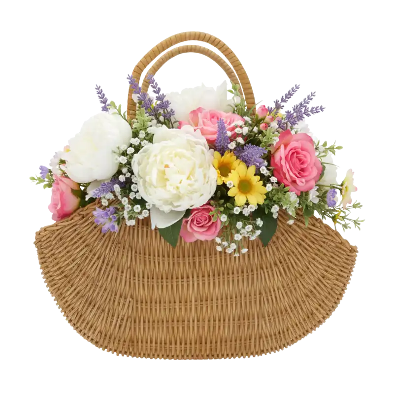 Kosz dekoracyjny S z bukietem sztucznych kwiatów, w tym róż i piwonii. Przykład zastosowania torby jako eleganckiego elementu dekoracyjnego, który wprowadza do wnętrza naturalny urok i ciepły klimat.