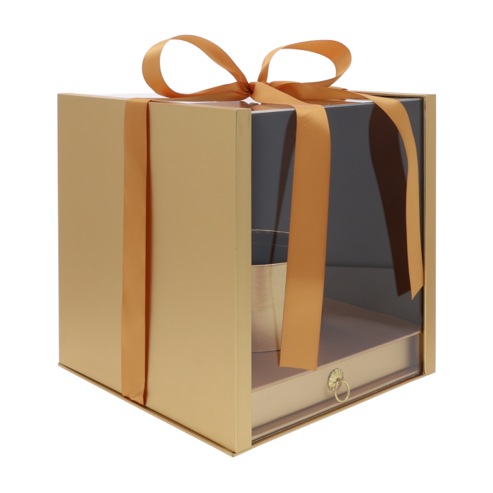 Flower box serce z szufladą (25x25 cm) – ekskluzywne pudełko na kwiaty i niespodziankę. Idealny prezent na Walentynki, rocznicę ślubu, zaręczyny lub Dzień Kobiet. Dwupoziomowe opakowanie na czekoladki, biżuterię lub inne drobiazgi.