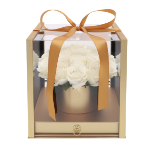 Luksusowy flower box z szufladą 3 cm głębokości. Unikalne dwupoziomowe opakowanie o wymiarach (25 cm) na kompozycje florystyczne i ukryty upominek, idealne dla florystów i do DIY prezentów.