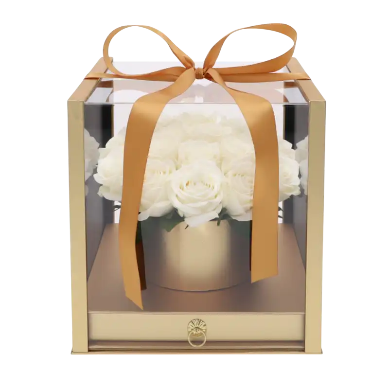 Luksusowy flower box z szufladą 3 cm głębokości. Unikalne dwupoziomowe opakowanie o wymiarach (25 cm) na kompozycje florystyczne i ukryty upominek, idealne dla florystów i do DIY prezentów.