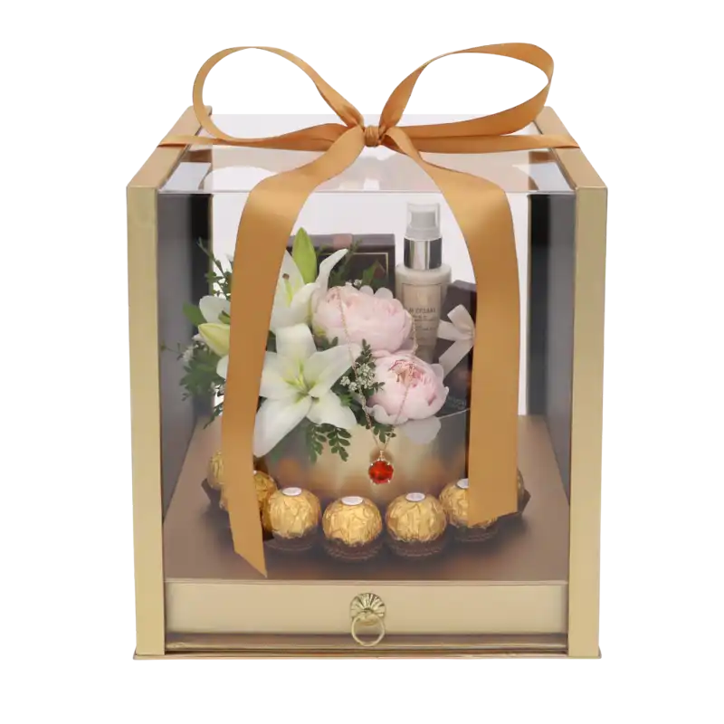 Luksusowy flower box z szufladą 3 cm głębokości. Unikalne dwupoziomowe opakowanie o wymiarach (25 cm) na kompozycje florystyczne i ukryty upominek, idealne dla florystów i do DIY prezentów.