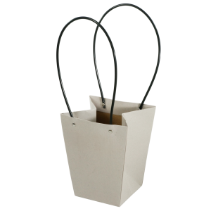 Szara papierowa torebka kwiatowa o wysokości 42 cm z czarnymi uchwytami. Wewnętrzna powłoka chroni przed wilgocią. Idealna na flower boxy do 12 cm średnicy.