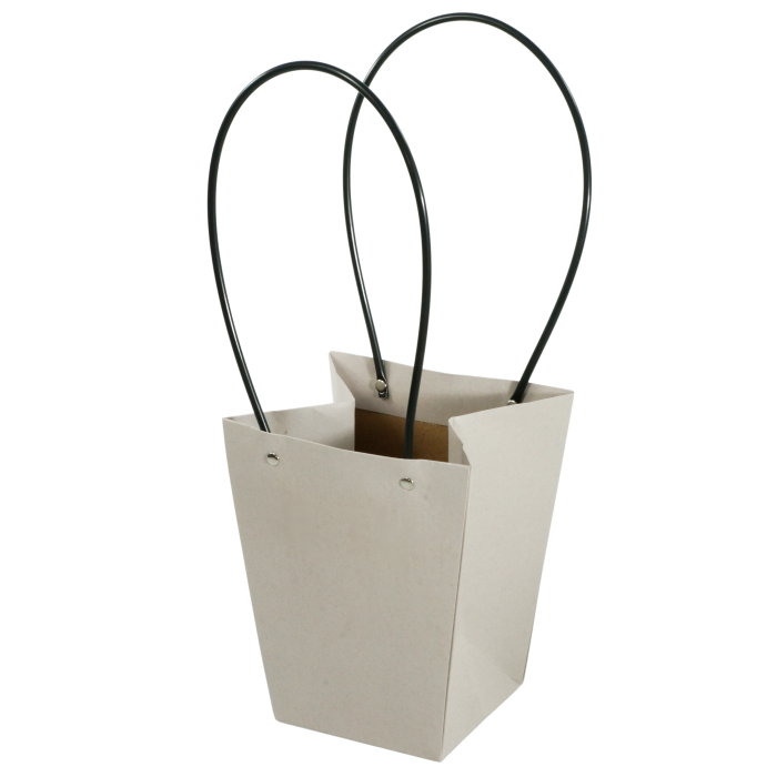 Szara papierowa torebka kwiatowa o wysokości 42 cm z czarnymi uchwytami. Wewnętrzna powłoka chroni przed wilgocią. Idealna na flower boxy do 12 cm średnicy.