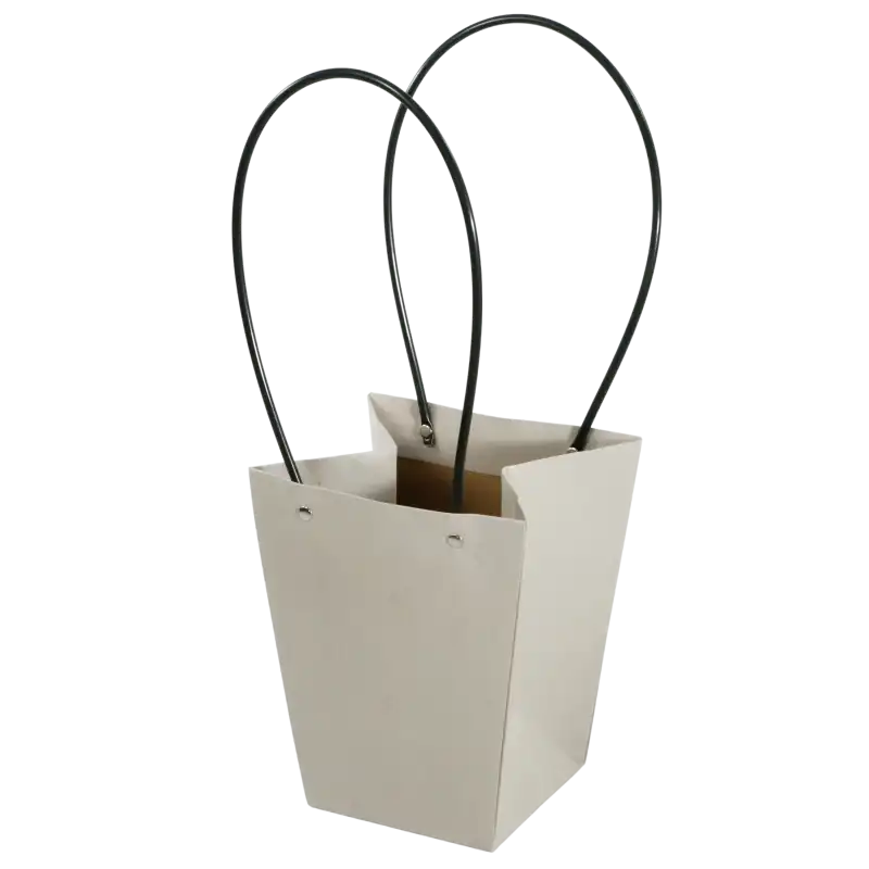 Szara papierowa torebka kwiatowa o wysokości 42 cm z czarnymi uchwytami. Wewnętrzna powłoka chroni przed wilgocią. Idealna na flower boxy do 12 cm średnicy.