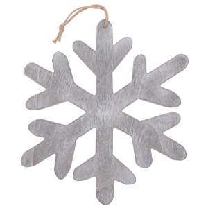 Drewniana zawieszka w kształcie śnieżynki o wysokości 40 cm i szerokości 36 cm w odcieniach szarości ze sznurkiem do zawieszenia.