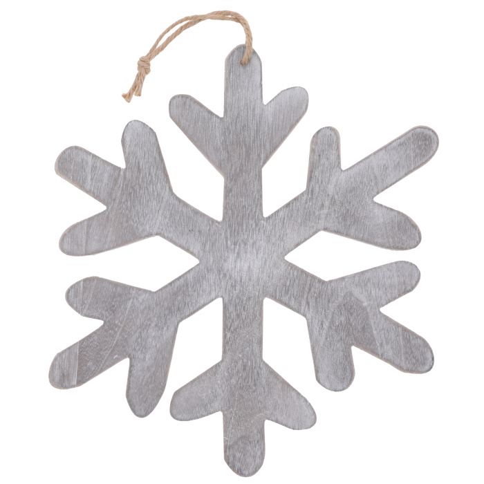 Drewniana zawieszka w kształcie śnieżynki o wysokości 40 cm i szerokości 36 cm w odcieniach szarości ze sznurkiem do zawieszenia.