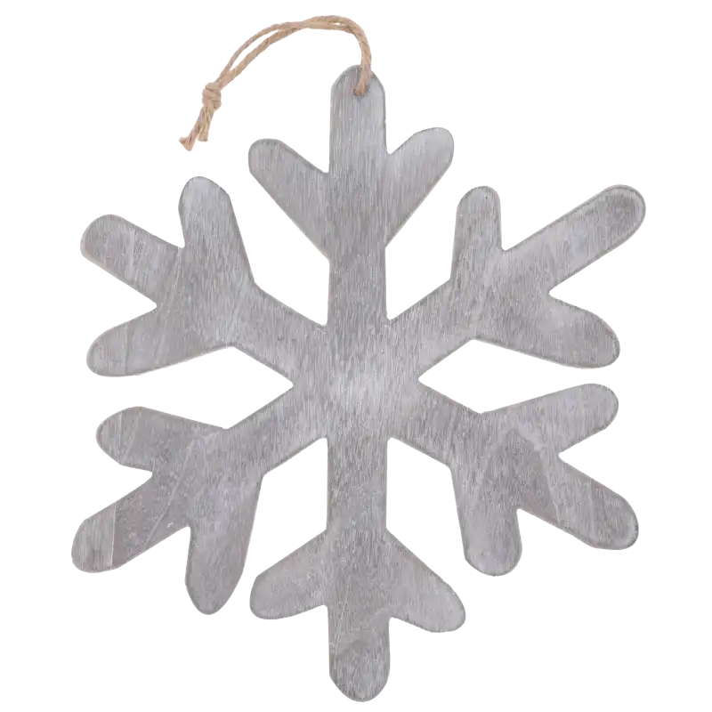Drewniana zawieszka w kształcie śnieżynki o wysokości 40 cm i szerokości 36 cm w odcieniach szarości ze sznurkiem do zawieszenia.