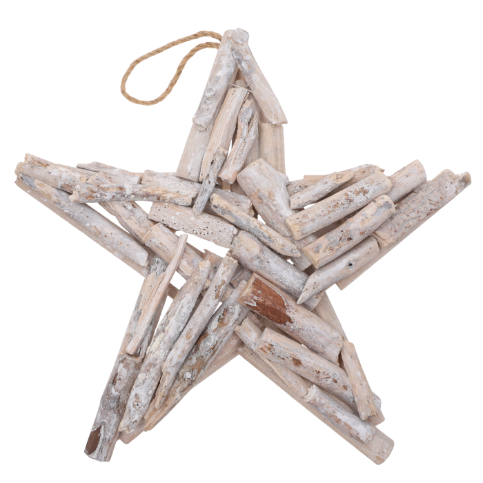 Naturalna drewniana gwiazda o wysokości 46 cm z jutowym sznurkiem do zawieszenia. Element dekoracyjny w stylu rustykalnym, gotowy do samodzielnej aranżacji.