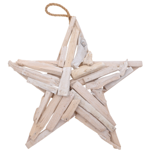 Drewniana zawieszka w kształcie gwiazdy o średnicy 45 cm wykonana z naturalnych elementów z jutowym sznurkiem do zawieszenia na ścianie lub drzwiach.