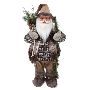 Świąteczna figurka XXL Mikołaj z workiem prezentów o wysokości 65 cm. Postać w brązowym stroju, z gałązką i workiem na plecach to centralna dekoracja wnętrz.