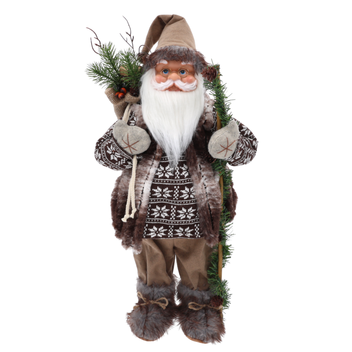 Świąteczna figurka XXL Mikołaj z workiem prezentów o wysokości 65 cm. Postać w brązowym stroju, z gałązką i workiem na plecach to centralna dekoracja wnętrz.