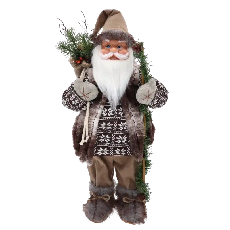 Świąteczna figurka XXL Mikołaj z workiem prezentów o wysokości 65 cm. Postać w brązowym stroju, z gałązką i workiem na plecach to centralna dekoracja wnętrz.
