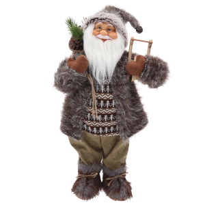 Figurka XXL Mikołaj o wysokości 65 cm w brązowym stroju, wyposażony w worek z prezentami i sanie, idealna na święta.