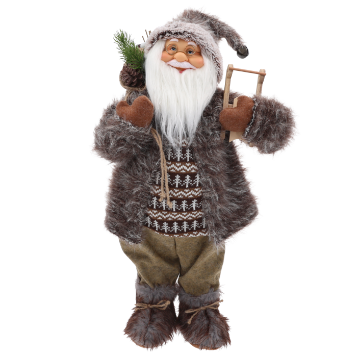 Figurka XXL Mikołaj o wysokości 65 cm w brązowym stroju, wyposażony w worek z prezentami i sanie, idealna na święta.