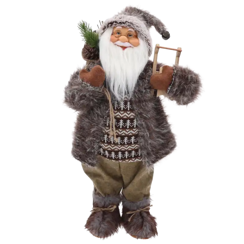Figurka XXL Mikołaj o wysokości 65 cm w brązowym stroju, wyposażony w worek z prezentami i sanie, idealna na święta.
