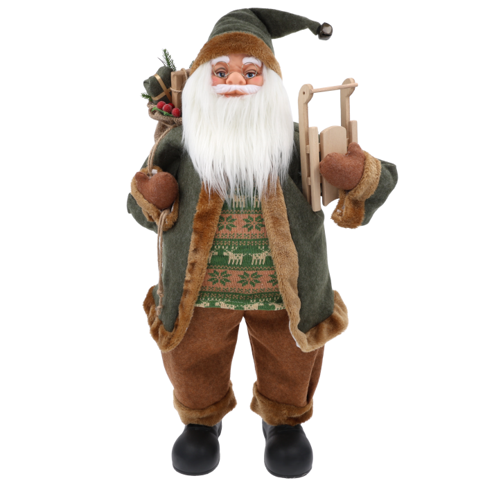 Figurka Mikołaj XXL o wysokości 80 cm z saniami i workiem prezentów. Dekoracja w zielonym stroju premium ze swetrem.
