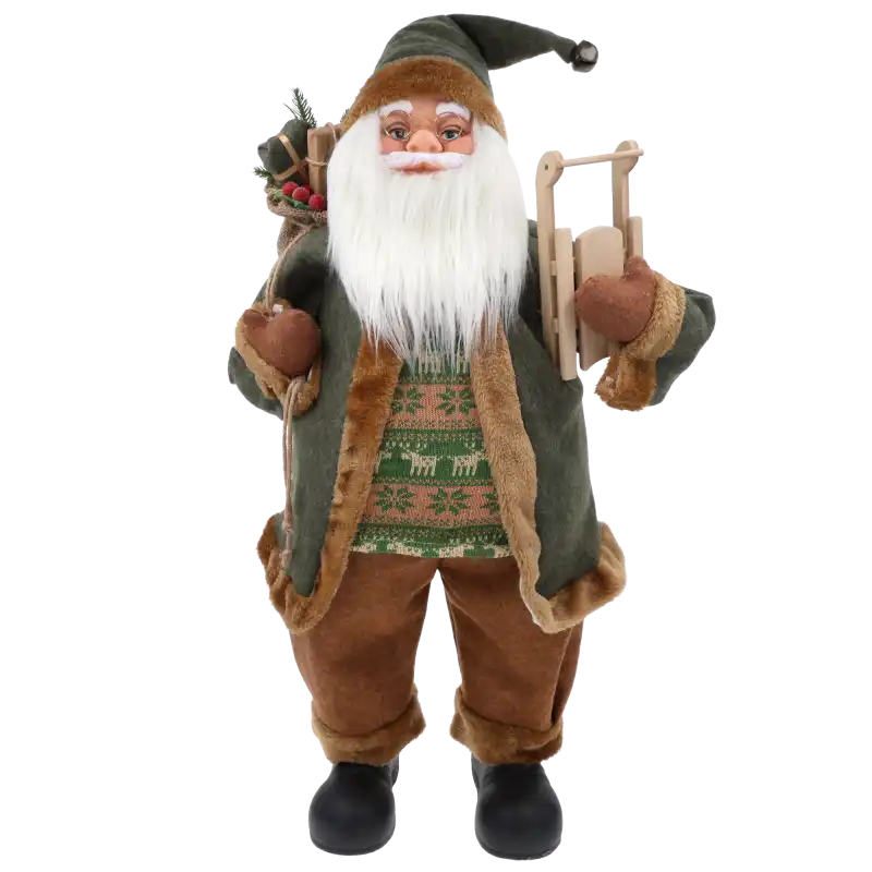 Figurka Mikołaj XXL o wysokości 80 cm z saniami i workiem prezentów. Dekoracja w zielonym stroju premium ze swetrem.