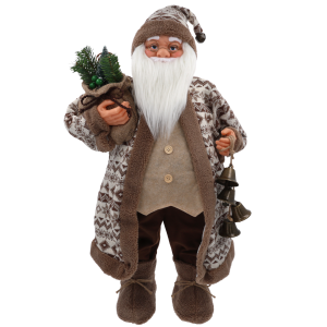 Świąteczna figurka XXL Mikołaj o wysokości 80 cm w brązowo-kremowym stroju, trzymająca worek z gałązkami i dzwonki.