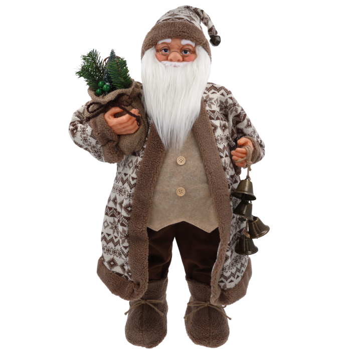 Świąteczna figurka XXL Mikołaj o wysokości 80 cm w brązowo-kremowym stroju, trzymająca worek z gałązkami i dzwonki.