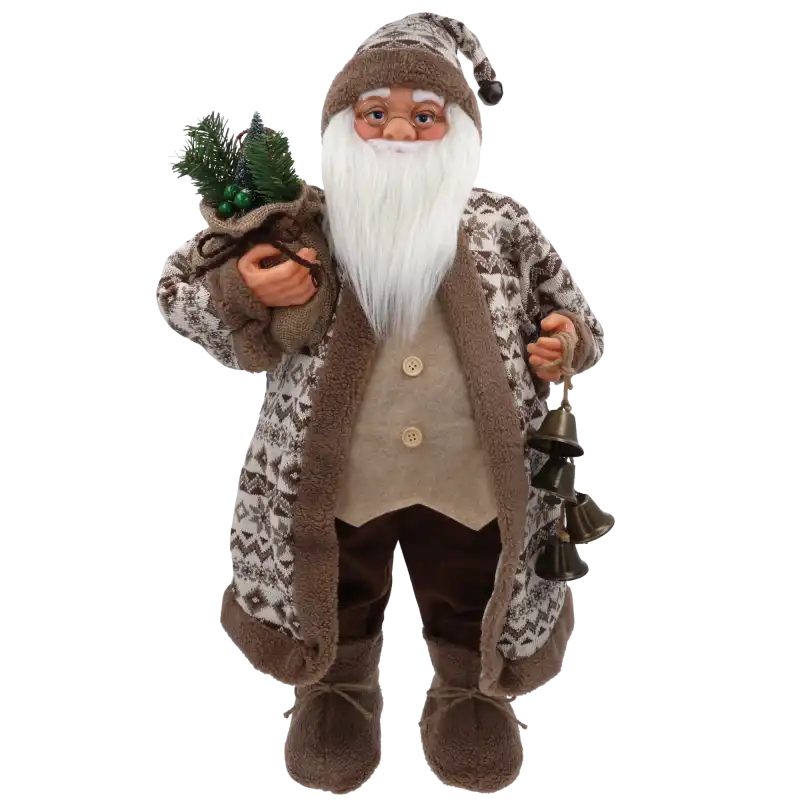 Świąteczna figurka XXL Mikołaj o wysokości 80 cm w brązowo-kremowym stroju, trzymająca worek z gałązkami i dzwonki.