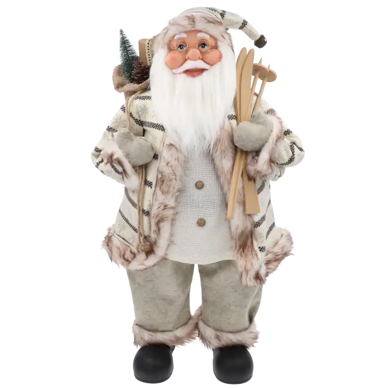 Figurka Mikołaj XXL 80 cm z workiem i nartami w ręce. Dekoracja świąteczna w beżowo-białym stroju z futrzanym wykończeniem.
