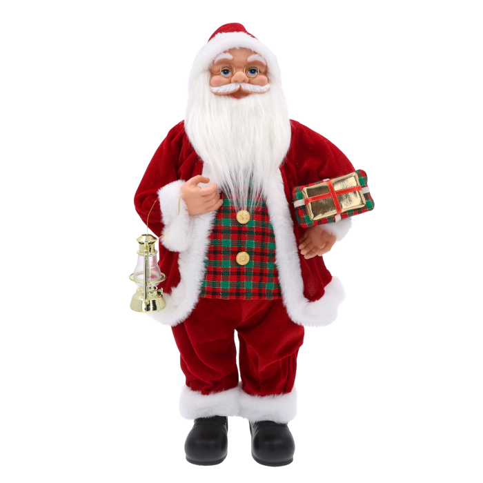 Figurka Mikołaj XL o wysokości 65 cm z latarenką i prezentami. Ta duża świąteczna dekoracja premium wprowadza magiczny nastrój w każdym wnętrzu.