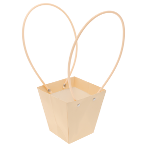 Pusta kremowa torebka kwiatowa o wysokości 34 cm z dwoma uchwytami, prezentująca gładką strukturę oraz design.