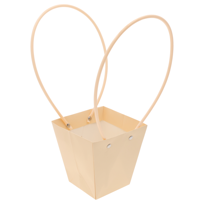 Pusta kremowa torebka kwiatowa o wysokości 34 cm z dwoma uchwytami, prezentująca gładką strukturę oraz design.