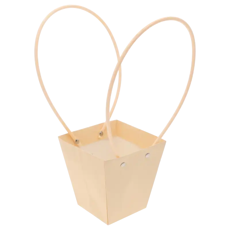 Pusta kremowa torebka kwiatowa o wysokości 34 cm z dwoma uchwytami, prezentująca gładką strukturę oraz design.