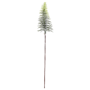 Zielona mini choinka na druciku o całkowitej wysokości 33 cm. Sztuczne igliwie o długości 10 cm jest oprószone śniegiem, osadzone na długim, elastycznym stalowym druciku.