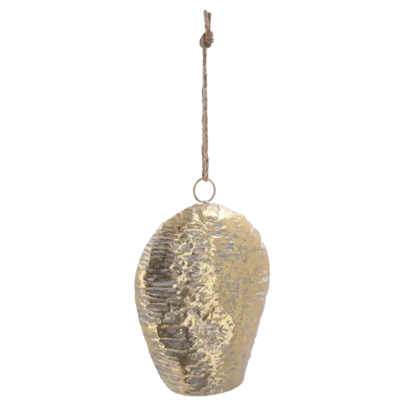 Biało-złoty metalowy dzwonek 29x21 cm zawieszony na jutowym sznurku. Idealna propozycja jako świąteczna lub całoroczna ozdoba.
