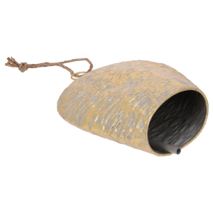 Widok wnętrza biało-złotego metalowego dzwonka 29x21 cm. Wewnątrz znajduje się metalowy element wydający delikatny dźwięk.