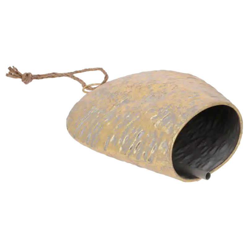 Widok wnętrza biało-złotego metalowego dzwonka 29x21 cm. Wewnątrz znajduje się metalowy element wydający delikatny dźwięk.