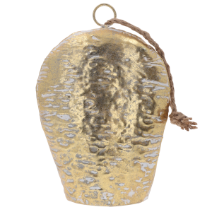 Biało-złoty metalowy dzwonek o wymiarach 26x17 cm z jutowym sznurkiem do zawieszenia. Stylowa dekoracja w odcieniach bieli i złota.