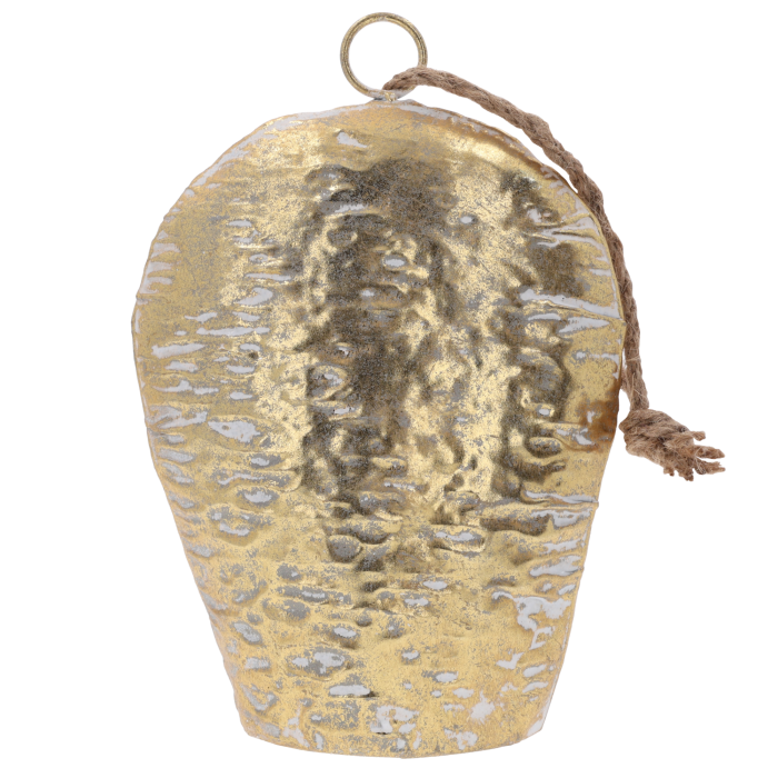 Biało-złoty metalowy dzwonek o wymiarach 26x17 cm z jutowym sznurkiem do zawieszenia. Stylowa dekoracja w odcieniach bieli i złota.