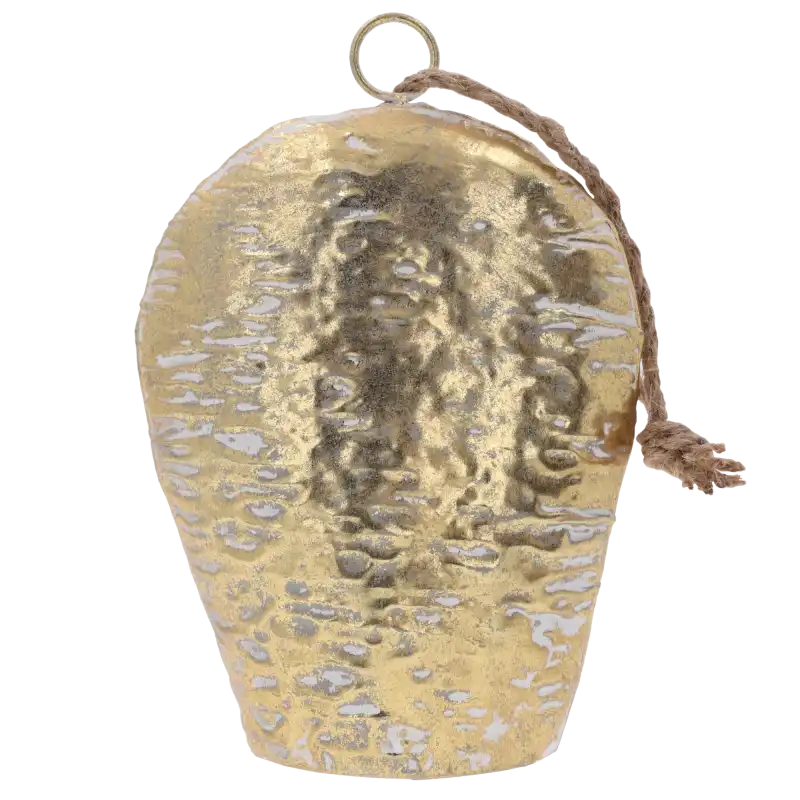 Biało-złoty metalowy dzwonek o wymiarach 26x17 cm z jutowym sznurkiem do zawieszenia. Stylowa dekoracja w odcieniach bieli i złota.