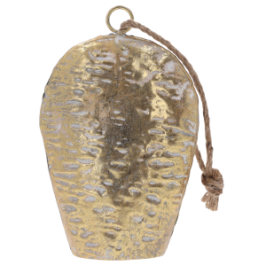 Biało-złoty metalowy dzwonek 22x14 cm to efektowna dekoracja z jutowym sznurkiem, idealna do wnętrz boho.