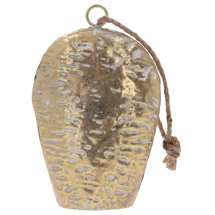 Biało-złoty metalowy dzwonek 22x14 cm to efektowna dekoracja z jutowym sznurkiem, idealna do wnętrz boho.