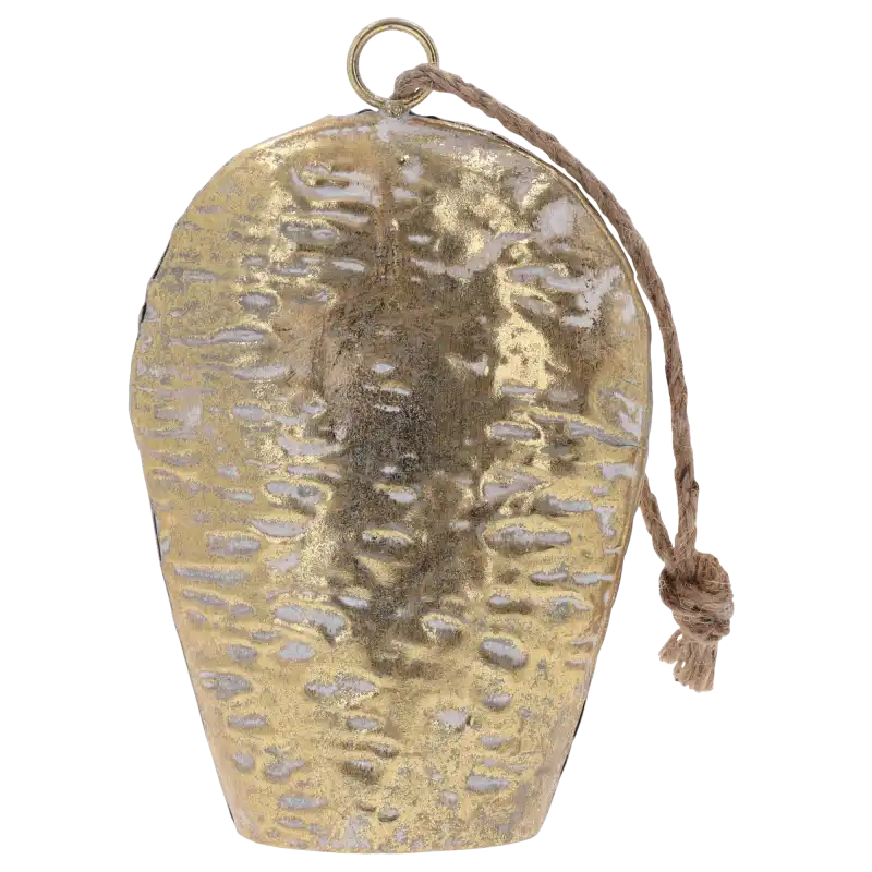 Biało-złoty metalowy dzwonek 22x14 cm to efektowna dekoracja z jutowym sznurkiem, idealna do wnętrz boho.